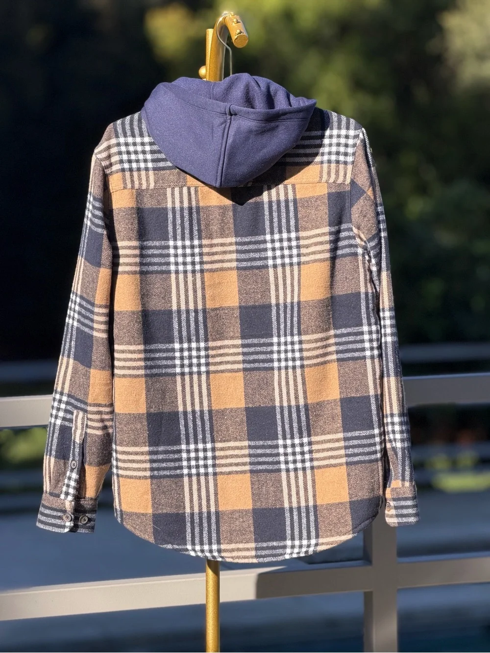 Plaid Button-Up Shacket with Attached Hood - Tan & Navy